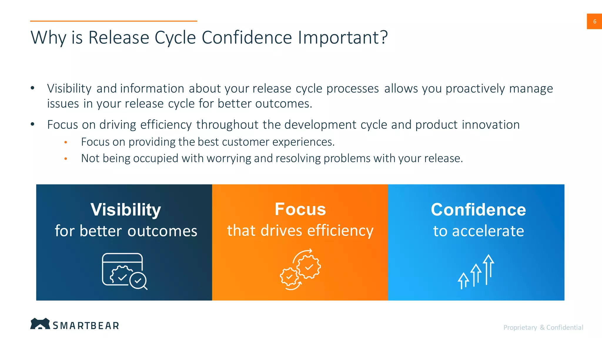 Proprietary & Confidential
6
Why is Release Cycle Confidence Important?
• Visibility and information about your release cycle processes allows you proactively manage
issues in your release cycle for better outcomes.
• Focus on driving efficiency throughout the development cycle and product innovation
• Focus on providing the best customer experiences.
• Not being occupied with worrying and resolving problems with your release.
Visibility
for better outcomes
Focus
that drives efficiency
Confidence
to accelerate
 