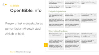 AI Bible
OpenBible.info
Source: https://openbible.info
Proyek untuk mengeksplorasi
pemanfaatan AI untuk studi
Alkitab pribadi.
 