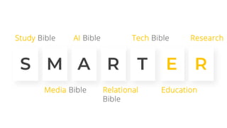 S M A R E R
T
Research
Education
Study Bible AI Bible Tech Bible
Media Bible Relational
Bible
 