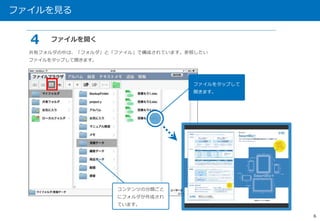 ファイルを見る 
6 
共有フォルダの中は、「フォルダ」と「ファイル」で構成されています。参照したい 
ファイルをタップして開きます。 
コンテンツの分類ごと 
にフォルダが作成され 
ています。 
ファイルをタップして 
開きます。 
４ ファイルを開く 
 