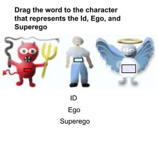 Drag the word to the character that represents the Id, Ego, and SuperegoIDEgoSuperego