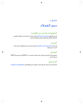 ‫ﻣﻠﺤﻖ ﺏ‬

                                                         ‫ﺩﻋﻢ ﺍﻟﻌﻤﻼﺀ‬
                                      ‫ﺍﻟﻤﻌﻠﻮﻣﺎﺕ ﻭﺍﻟﺪﻋﻢ ﻋﺒﺮ ﺍﻹﻧﺘﺮﻧﺖ‬
     ‫ﻗﻢ ﺑﺰﻳﺎﺭﺓ ﺍﻟﻤﻮﻗﻊ ‪ smarttech.com/support‬ﻟﻌﺮﺽ ﻭﺗﻨﺰﻳﻞ ﺩﻟﻴﻞ ﺍﻟﻤﺴﺘﺨﺪﻡ، ﻭﻣﻘﺎﻻﺕ ﺍﻟﺘﻌﻠﻴﻤﺎﺕ‬
                                   ‫ﻭﺍﻛﺘﺸﺎﻑ ﺍﻷﺧﻄﺎﺀ ﻭﺇﺻﻼﺣﻬﺎ، ﻭﺍﻟﺒﺮﺍﻣﺞ، ﺑﺎﻹﺿﺎﻓﺔ ﺇﻟﻰ ﺍﻟﻤﺰﻳﺪ.‬


                                                                            ‫ﺍﻟﺘﺪﺭﻳﺐ‬
     ‫ﻗﻢ ﺑﺰﻳﺎﺭﺓ ‪ smarttech.com/trainingcenter‬ﻟﻠﺤﺼﻮﻝ ﻋﻠﻰ ﻣﻮﺍﺩ ﺗﺪﺭﻳﺒﻴﺔ ﻭﻣﻌﻠﻮﻣﺎﺕ ﺣﻮﻝ ﺧﺪﻣﺎﺕ‬
                                                                  ‫ﺍﻟﺘﺪﺭﻳﺐ ﺍﻟﺘﻲ ﻧﻘﺪﻣﻬﺎ.‬


                                                                            ‫ﺍﻟﻀﻤﺎﻥ‬
‫ﻳﺨﻀﻊ ﺿﻤﺎﻥ ﺍﻟﻤﻨﺘﺞ ﻟﺒﻨﻮﺩ ﻭﺷﺮﻭﻁ "ﺿﻤﺎﻥ ﺍﻟﻤﻌﺪﺍﺕ ﺍﻟﻤﺤﺪﻭﺩ" ﻣﻦ ‪ SMART‬ﺍﻟﻤﺰﻭﺩ ﻣﻊ ﻣﻨﺘﺞ ‪SMART‬‬
                                                                           ‫ﻓﻲ ﻭﻗﺖ ﺍﻟﺸﺮﺍﺀ.‬


                                                                         ‫ﺍﻟﺘﺴﺠﻴﻞ‬
‫ﻟﻤﺴﺎﻋﺪﺗﻨﺎ ﻋﻠﻰ ﺧﺪﻣﺘﻚ، ﻗﻢ ﺑﺎﻟﺘﺴﺠﻴﻞ ﻋﺒﺮ ﺍﻹﻧﺘﺮﻧﺖ ﻓﻲ ﺍﻟﻤﻮﻗﻊ ﺍﻟﺘﺎﻟﻲ ‪.smarttech.com/registration‬‬
 