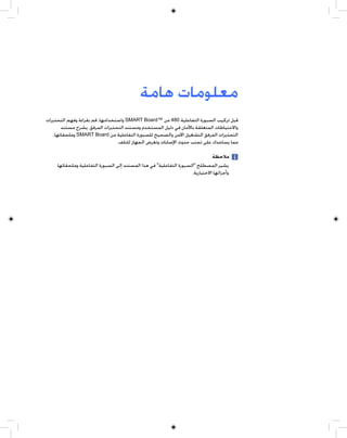 ‫ﻣﻌﻠﻮﻣﺎﺕ ﻫﺎﻣﺔ‬
‫ﻗﺒﻞ ﺗﺮﻛﻴﺐ ﺍﻟﺴﺒﻮﺭﺓ ﺍﻟﺘﻔﺎﻋﻠﻴﺔ 084 ﻣﻦ ™‪ SMART Board‬ﻭﺍﺳﺘﺨﺪﺍﻣﻬﺎ، ﻗﻢ ﺑﻘﺮﺍﺀﺓ ﻭﻓﻬﻢ ﺍﻟﺘﺤﺬﻳﺮﺍﺕ‬
        ‫ﻭﺍﻻﺣﺘﻴﺎﻃﺎﺕ ﺍﻟﻤﺘﻌﻠﻘﺔ ﺑﺎﻷﻣﺎﻥ ﻓﻲ ﺩﻟﻴﻞ ﺍﻟﻤﺴﺘﺨﺪﻡ ﻭﻣﺴﺘﻨﺪ ﺍﻟﺘﺤﺬﻳﺮﺍﺕ ﺍﻟﻤﺮﻓﻖ. ﻳﺸﺮﺡ ﻣﺴﺘﻨﺪ‬
    ‫ﺍﻟﺘﺤﺬﻳﺮﺍﺕ ﺍﻟﻤﺮﻓﻖ ﺍﻟﺘﺸﻐﻴﻞ ﺍﻵﻣﻦ ﻭﺍﻟﺼﺤﻴﺢ ﻟﻠﺴﺒﻮﺭﺓ ﺍﻟﺘﻔﺎﻋﻠﻴﺔ ﻣﻦ ‪ SMART Board‬ﻭﻣﻠﺤﻘﺎﺗﻬﺎ،‬
                                 ‫ﻣﻤﺎ ﻳﺴﺎﻋﺪﻙ ﻋﻠﻰ ﺗﺠﻨﺐ ﺣﺪﻭﺙ ﺍﻹﺻﺎﺑﺎﺕ ﻭﺗﻌﺮﺽ ﺍﻟﺠﻬﺎﺯ ﻟﻠﺘﻠﻒ.‬

                                                                               ‫ﻣﻼﺣﻈﺔ‬
     ‫ﻳﺸﻴﺮ ﺍﻟﻤﺼﻄﻠﺢ "ﺍﻟﺴﺒﻮﺭﺓ ﺍﻟﺘﻔﺎﻋﻠﻴﺔ" ﻓﻲ ﻫﺬﺍ ﺍﻟﻤﺴﺘﻨﺪ ﺇﻟﻰ ﺍﻟﺴﺒﻮﺭﺓ ﺍﻟﺘﻔﺎﻋﻠﻴﺔ ﻭﻣﻠﺤﻘﺎﺗﻬﺎ‬
                                                                     ‫ﻭﺃﺟﺰﺍﺋﻬﺎ ﺍﻻﺧﺘﻴﺎﺭﻳﺔ.‬
 