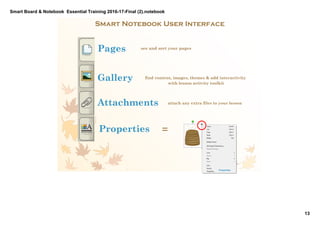 Smart Board & Notebook  Essential Training 2016­17­Final (2).notebook
13
S Elkilany
Smart Notebook User Interface
Pages
Gallery
Attachments
Properties
Properties
=
attach any extra files to your lesson
see and sort your pages
find content, images, themes & add interactivity
with lesson activity toolkit
 