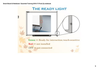 Smart Board & Notebook  Essential Training 2016­17­Final (2).notebook
6
S Elkilany
The ready light
Green >> Ready for interaction; touch­sensitive
Red >> not installed
OFF >> not connected
PullPull
The indicator light on 
the right corner of the 
Smart Board 
 