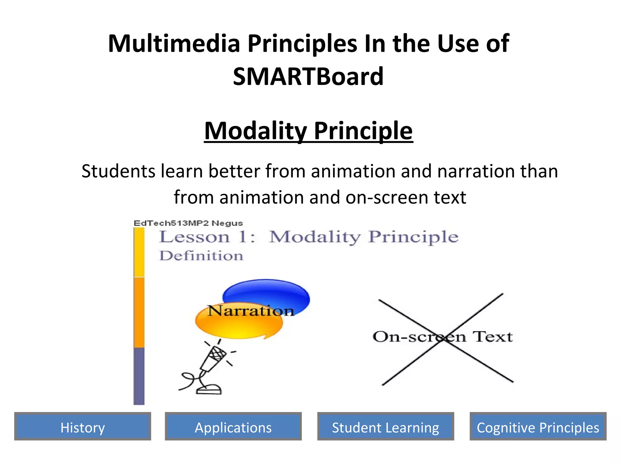 Multimedia Principles In the Use of
SMARTBoard
Modality Principle
Students learn better from animation and narration than
from animation and on-screen text
History Cognitive PrinciplesStudent LearningApplications
 