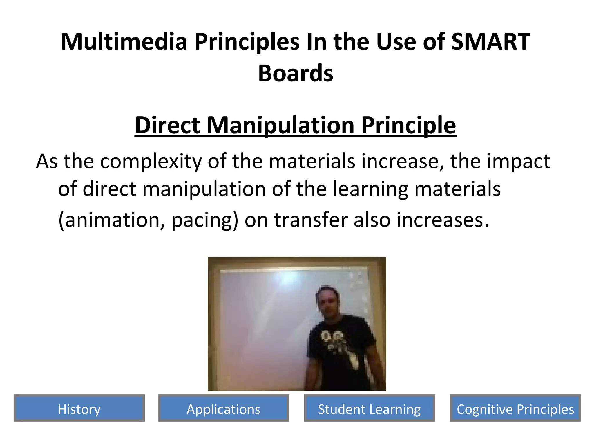 Multimedia Principles In the Use of SMART
Boards
Direct Manipulation Principle
As the complexity of the materials increase, the impact
of direct manipulation of the learning materials
(animation, pacing) on transfer also increases.
History Cognitive PrinciplesStudent LearningApplications
 