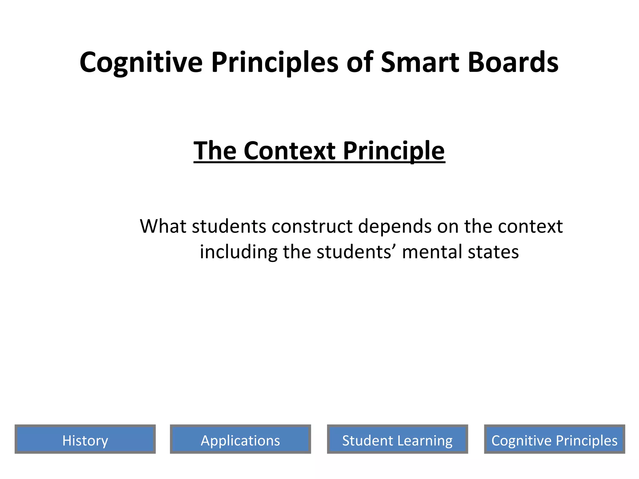 Cognitive Principles of Smart Boards
The Context Principle
What students construct depends on the context
including the students’ mental states
History Cognitive PrinciplesStudent LearningApplications
 