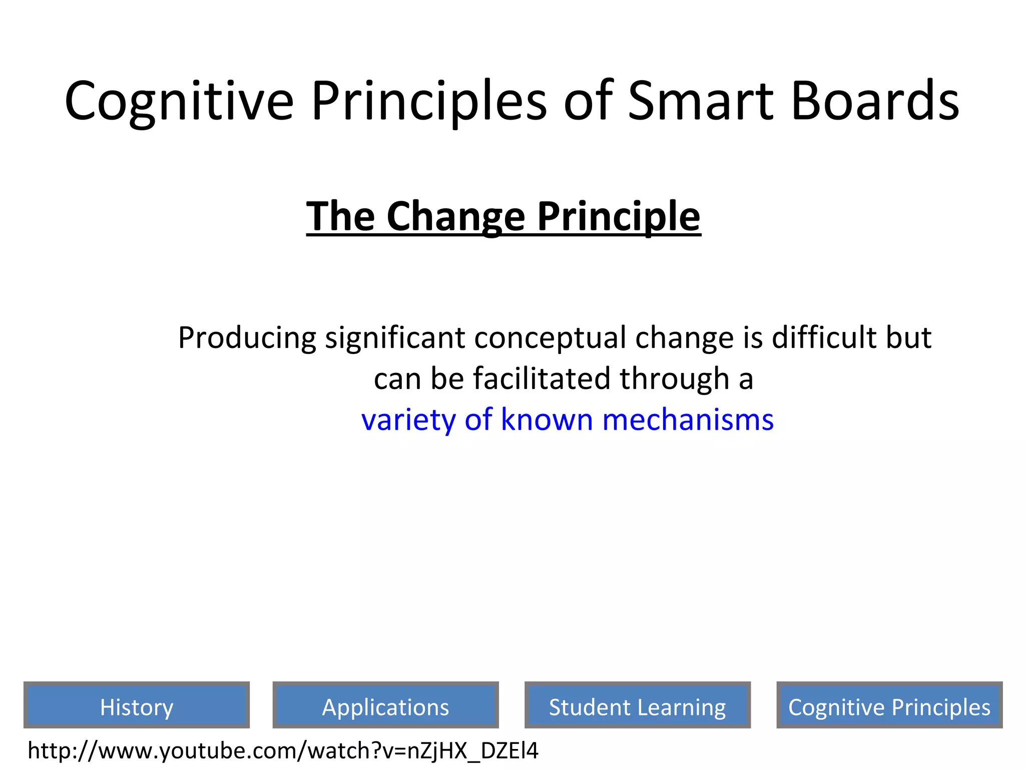 Cognitive Principles of Smart Boards
The Change Principle
Producing significant conceptual change is difficult but
can be facilitated through a
variety of known mechanisms
http://www.youtube.com/watch?v=nZjHX_DZEl4
History Cognitive PrinciplesStudent LearningApplications
 