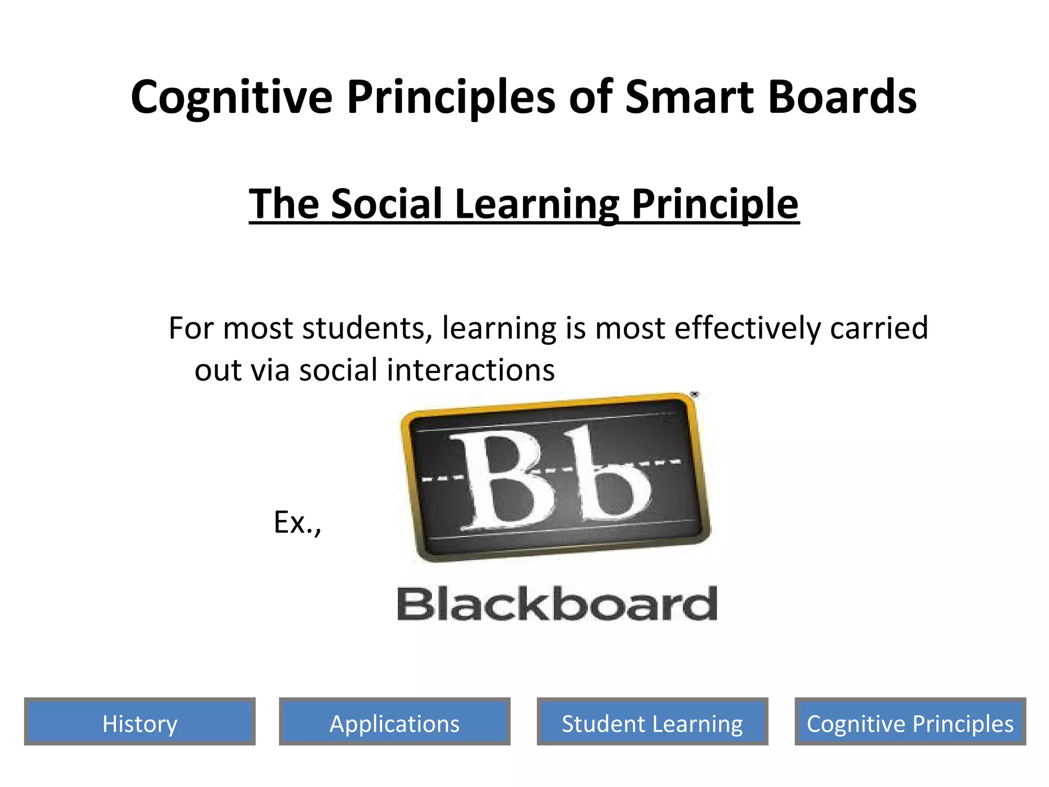 Cognitive Principles of Smart Boards
The Social Learning Principle
For most students, learning is most effectively carried
out via social interactions
Ex.,
History Cognitive PrinciplesStudent LearningApplications
 