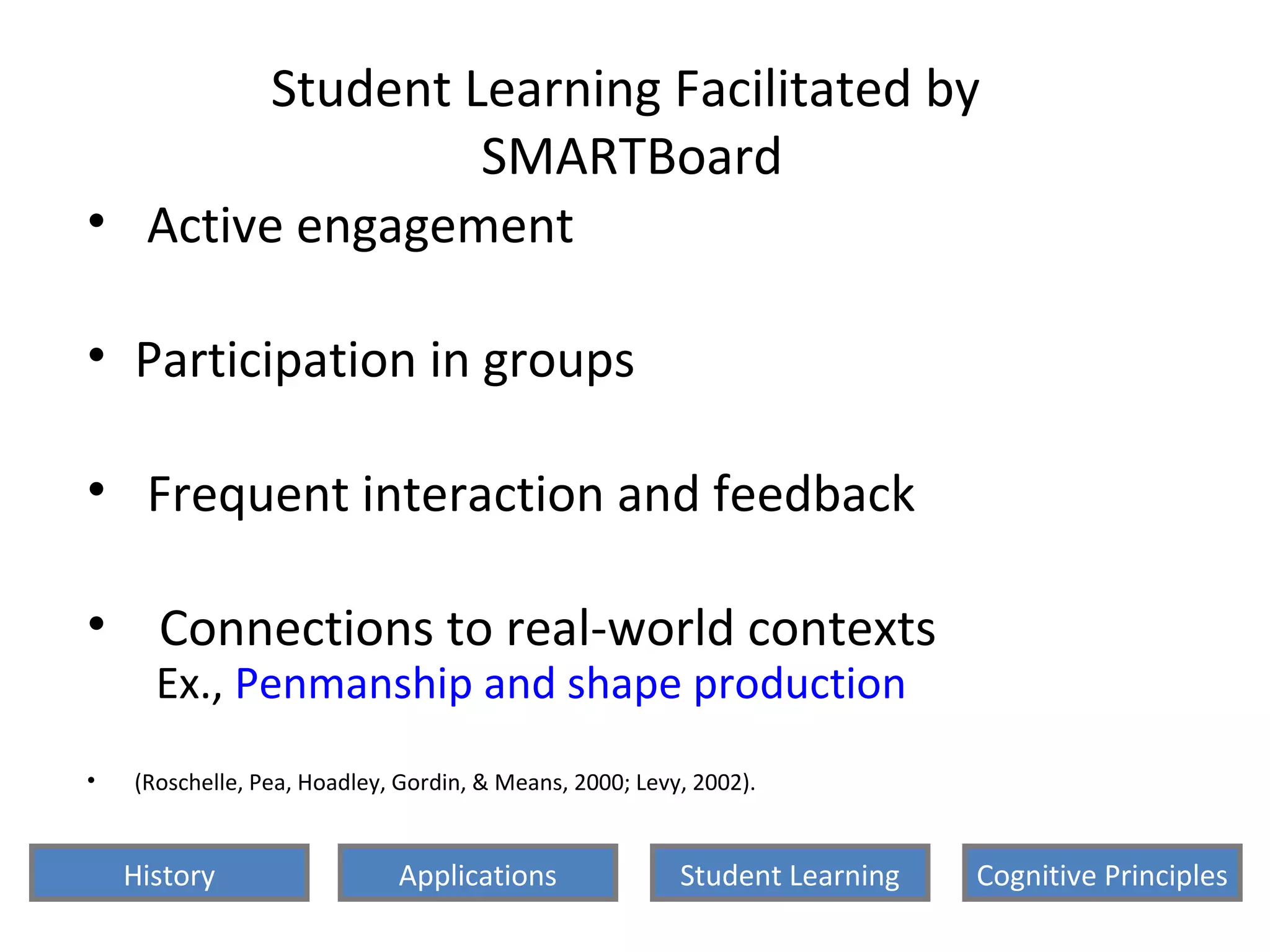 Student Learning Facilitated by
SMARTBoard
• Active engagement
• Participation in groups
• Frequent interaction and feedback
• Connections to real-world contexts
Ex., Penmanship and shape production
• (Roschelle, Pea, Hoadley, Gordin, & Means, 2000; Levy, 2002).
History Cognitive PrinciplesStudent LearningApplications
 
