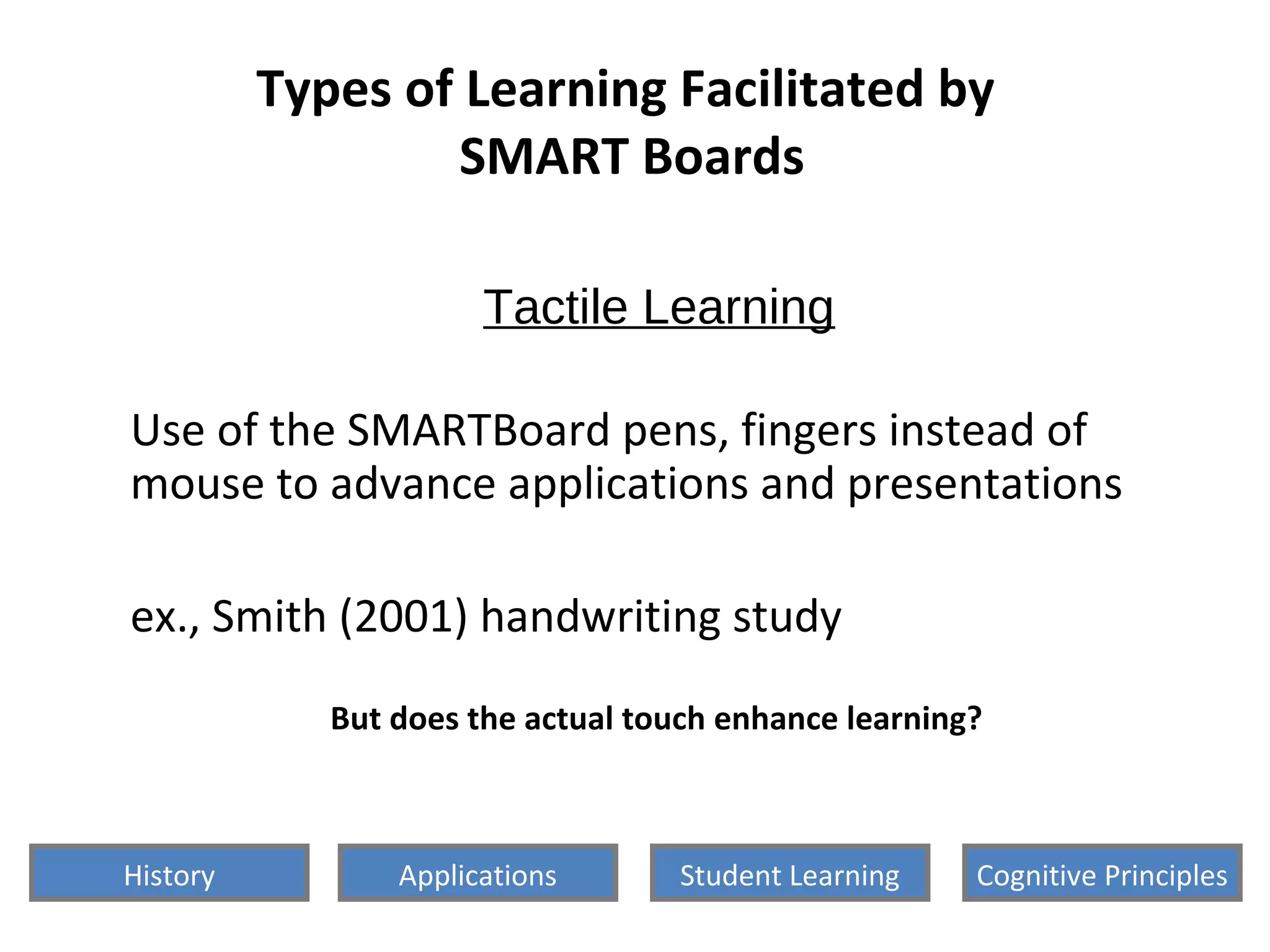 Types of Learning Facilitated by
SMART Boards
Tactile Learning
Use of the SMARTBoard pens, fingers instead of
mouse to advance applications and presentations
ex., Smith (2001) handwriting study
But does the actual touch enhance learning?
History Cognitive PrinciplesStudent LearningApplications
 