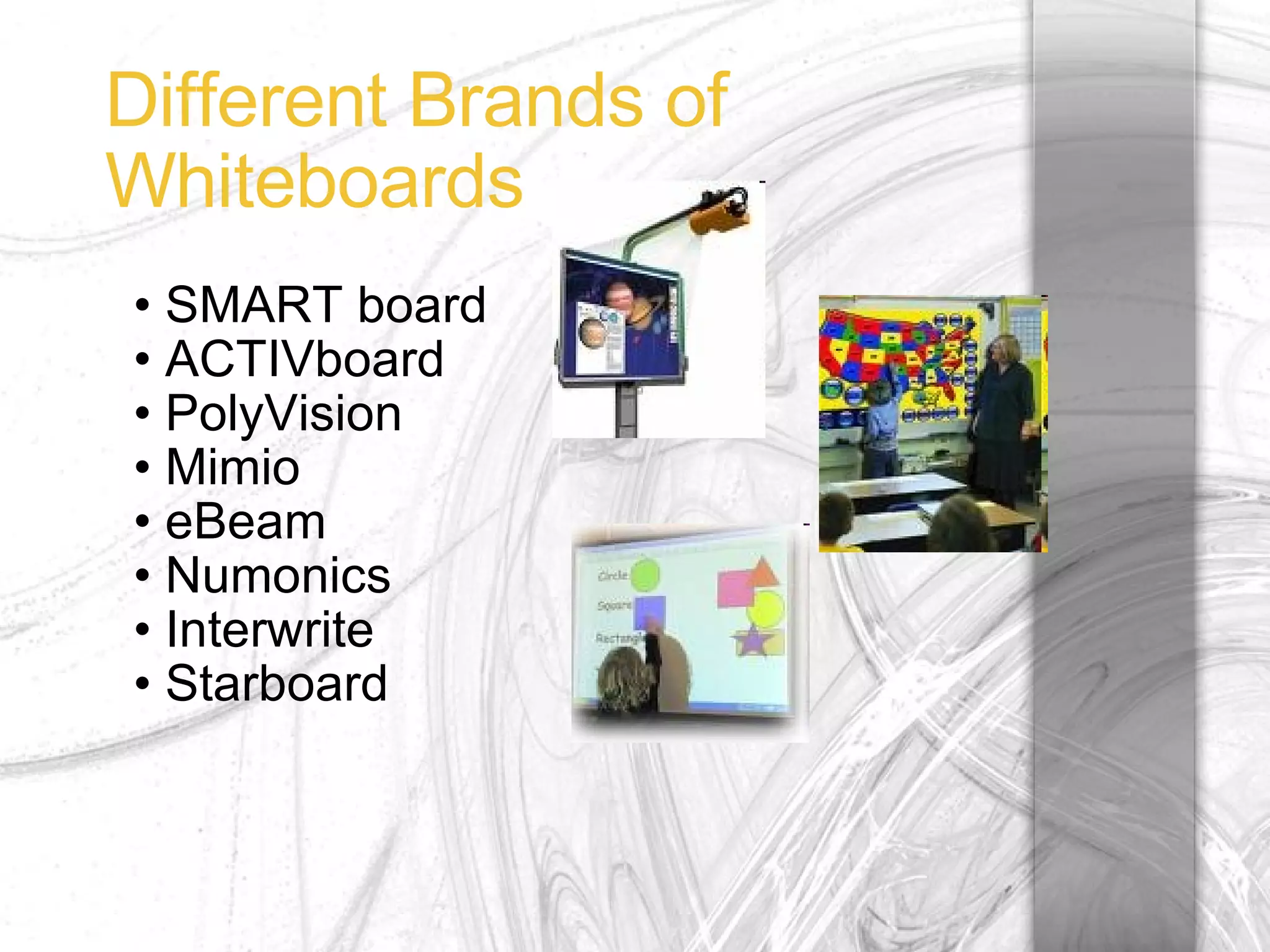 Different Brands of Whiteboards SMART board ACTIVboard PolyVision Mimio eBeam Numonics Interwrite Starboard 