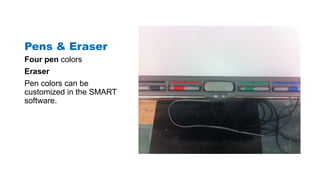 Pens & Eraser 
Four pen colors 
Eraser 
Pen colors can be 
customized in the SMART 
software. 
 