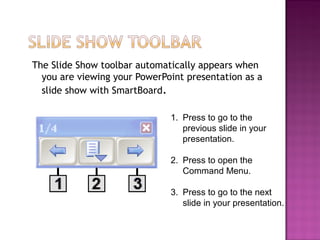 The Slide Show toolbar automatically appears when
you are viewing your PowerPoint presentation as a
slide show with SmartBoard.
1. Press to go to the
previous slide in your
presentation.
2. Press to open the
Command Menu.
3. Press to go to the next
slide in your presentation.
 