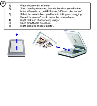 1) Place document in scanner. 2) Start; then My computer, then double click. (scroll to the  bottom if needs be) on HP Scanjet 3800 and choose “ok”. 3) Select the area to be copied by left clicking and dragging  the red “scan area” box to cover the required area. 4) Right click and choose “copy image”. 5) Open smartboard notebook. 6) Right click and choose “paste”. 17   