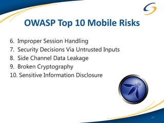 OWASP Top 10 Mobile Risks
6. Improper Session Handling
7. Security Decisions Via Untrusted Inputs
8. Side Channel Data Leakage
9. Broken Cryptography
10. Sensitive Information Disclosure




                                             10
 