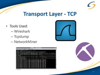 Transport Layer - TCP
• Tools Used:
   – Wireshark
   – Tcpdump
   – NetworkMiner




                                 24
 
