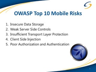 OWASP Top 10 Mobile Risks
1.   Insecure Data Storage
2.   Weak Server Side Controls
3.   Insufficient Transport Layer Protection
4.   Client Side Injection
5.   Poor Authorization and Authentication




                                               9
 