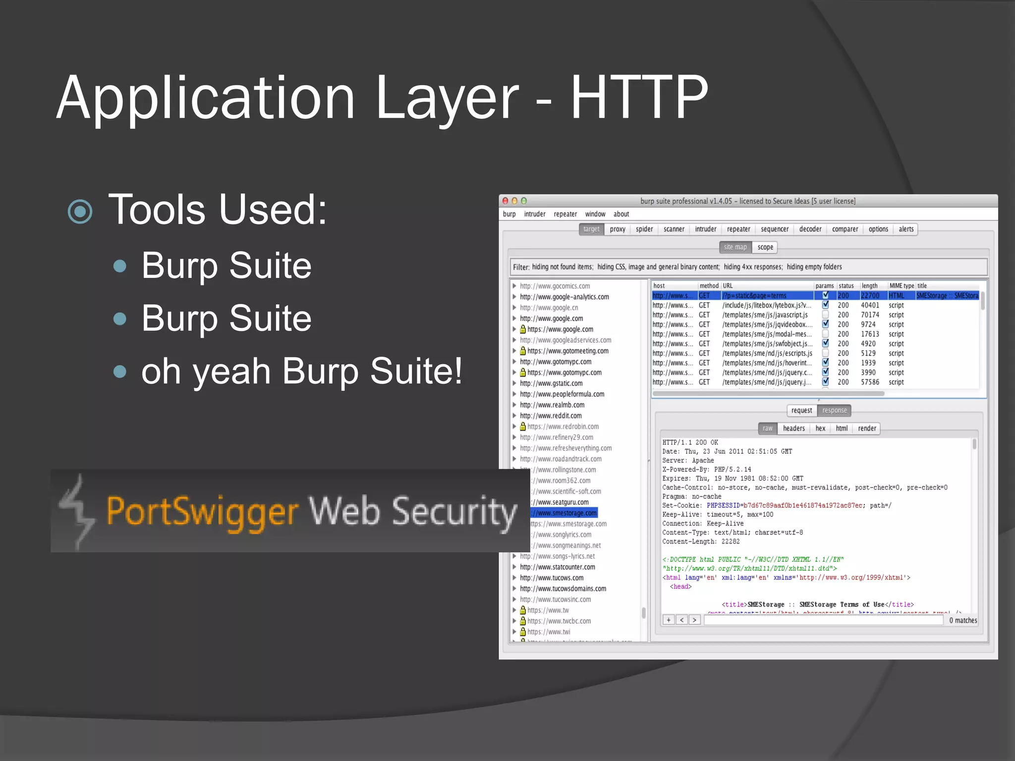Application Layer - HTTP
   Tools Used:
     Burp Suite
     Burp Suite
     oh yeah Burp Suite!
 