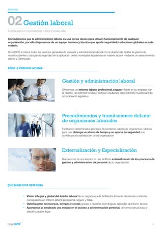 Procedimientos y tramitaciones delante
de organismos laborales
Facilitamos determinados procesos burocráticos delante de organismos públicos
para que obtenga un ahorro de tiempo y un aporte de seguridad que
contribuya a la satisfacción de su organización.
Externalización y Especialización
Disponemos de una estructura que facilita la externalización de los procesos de
gestión y administración de personal de su organización.
Gestión y administración laboral
Ofrecemos un entorno laboral profesional, seguro y fiable en su empresa con
el objetivo de optimizar costes y obtener resultados aprovechando nuestro amplio
conocimiento legislativo.
SERVICIOS
ASESORAMIENTO PERMANENTE Y PROFESIONALIDAD
02Gestión laboral
Consideramos que la administración laboral es una de las claves para el buen funcionamiento de cualquier
organización, por ello disponemos de un equipo humano y técnico que aporte seguridad y soluciones globales en esta
materia.
SmartBPO le ofrece todos los servicios generales de asesoría y administración laboral con el objetivo de facilitar la gestión de
nuestros clientes y otorgando seguridad en la aplicación de las novedades legislativas en materia laboral mediante un asesoramiento
atento y continuado.
CÓMO LE PODEMOS AYUDAR
QUÉ BENEFICIOS OBTENDRÁ
Visión integral y global del ámbito laboral de su negocio que le facilitará la toma de decisiones a adoptar
consiguiendo un entorno laboral profesional, seguro y fiable.
Optimización de recursos, tiempos y costes gracias a nuestras tecnológicas aplicadas al entorno laboral.
Aportamos al empleado una mejora en el acceso a su información personal, de forma estructurada y
desde cualquier lugar.
g
g
g
10
 