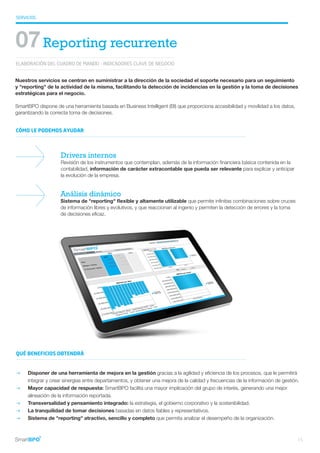Análisis dinámico
Sistema de "reporting" flexible y altamente utilizable que permite infinitas combinaciones sobre cruces
de información libres y evolutivos, y que reaccionan al ingenio y permiten la detección de errores y la toma
de decisiones eficaz.
Drivers internos
Revisión de los instrumentos que contemplan, además de la información financiera básica contenida en la
contabilidad, información de carácter extracontable que pueda ser relevante para explicar y anticipar
la evolución de la empresa.
Nuestros servicios se centran en suministrar a la dirección de la sociedad el soporte necesario para un seguimiento
y "reporting" de la actividad de la misma, facilitando la detección de incidencias en la gestión y la toma de decisiones
estratégicas para el negocio.
SmartBPO dispone de una herramienta basada en Business Intelligent (BI) que proporciona accesibilidad y movilidad a los datos,
garantizando la correcta toma de decisiones.
SERVICIOS
ELABORACIÓN DEL CUADRO DE MANDO - INDICADORES CLAVE DE NEGOCIO
07Reporting recurrente
Disponer de una herramienta de mejora en la gestión gracias a la agilidad y eficiencia de los procesos, que le permitirá
integrar y crear sinergias entre departamentos, y obtener una mejora de la calidad y frecuencias de la información de gestión.
Mayor capacidad de respuesta: SmartBPO facilita una mayor implicación del grupo de interés, generando una mejor
alineación de la información reportada.
Transversalidad y pensamiento integrado: la estrategia, el gobierno corporativo y la sostenibilidad.
La tranquilidad de tomar decisiones basadas en datos fiables y representativos.
Sistema de "reporting" atractivo, sencillo y completo que permita analizar el desempeño de la organización.
CÓMO LE PODEMOS AYUDAR
QUÉ BENEFICIOS OBTENDRÁ
g
g
g
g
g
15
 