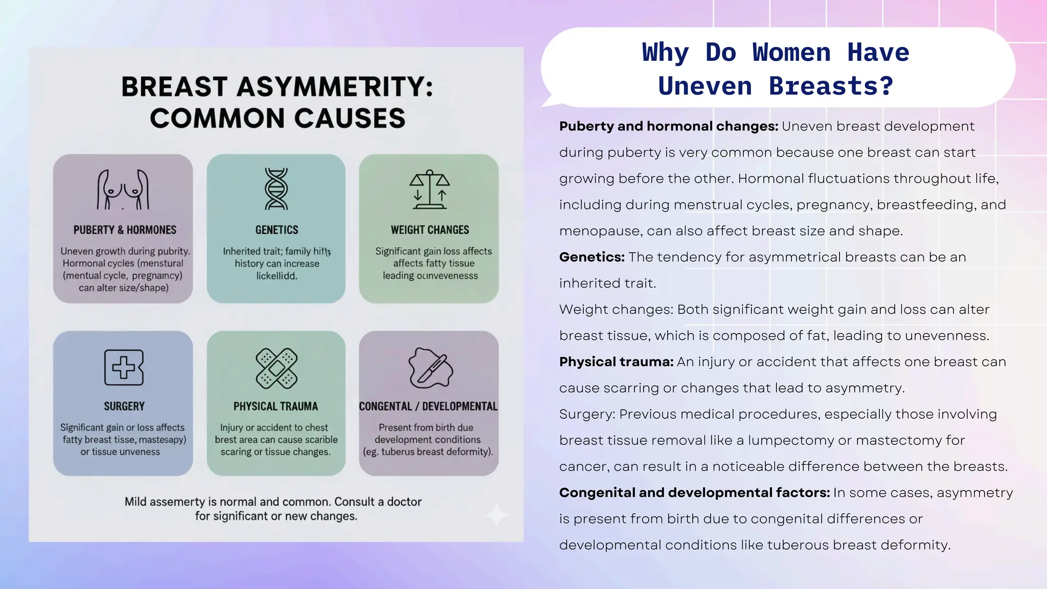Puberty and hormonal changes: Uneven breast development
during puberty is very common because one breast can start
growing before the other. Hormonal fluctuations throughout life,
including during menstrual cycles, pregnancy, breastfeeding, and
menopause, can also affect breast size and shape.
Genetics: The tendency for asymmetrical breasts can be an
inherited trait.
Weight changes: Both significant weight gain and loss can alter
breast tissue, which is composed of fat, leading to unevenness.
Physical trauma: An injury or accident that affects one breast can
cause scarring or changes that lead to asymmetry.
Surgery: Previous medical procedures, especially those involving
breast tissue removal like a lumpectomy or mastectomy for
cancer, can result in a noticeable difference between the breasts.
Congenital and developmental factors: In some cases, asymmetry
is present from birth due to congenital differences or
developmental conditions like tuberous breast deformity.
Why Do Women Have
Uneven Breasts?
 