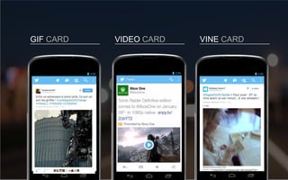 VINE CARD
Oliver Snoddy @olisnoddy
Just one more hour and
#SherlockLives
Target @Target
How do you fancy up your
Thanksgiving feast? Show
us how with
#MyKindOfHoliday.
The Verge @Verge
Netflix releases director's
commentary for the first
VIDEO CARDGIF CARD
Oliver Snoddy @olisnoddy
Just one more hour and
#SherlockLives
Target @Target
How do you fancy up your
Thanksgiving feast? Show
us how with
#MyKindOfHoliday.
The Verge @Verge
Netflix releases director's
commentary for the first
 