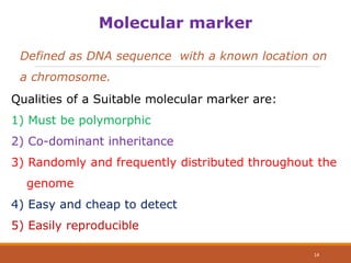 Defined as DNA sequence with a known location on
a chromosome.
Molecular marker
Qualities of a Suitable molecular marker are:
1) Must be polymorphic
2) Co-dominant inheritance
3) Randomly and frequently distributed throughout the
genome
4) Easy and cheap to detect
5) Easily reproducible
14
 