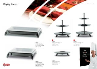 Display Stands




                 1A11121
                 Porcelain Insert Stand
                 18-10 Stainless Steel
                 size 22.75” x 14.75” x 3.25”
                 size (L) 575 x (W) 370 x (H) 80
                 weight 5 lbs / 2.3 kgs
                 (Porcelain insert not included)




                 1A11122
                 Porcelain Insert Stand
                 18-10 Stainless Steel
                 size 15.75” x 14.75” x 3.25”
                 size (L) 396 x (W) 370 x (H) 80
                 weight 4.5 lbs / 2.0 kgs
                 (Porcelain insert not included)
28
 34                                                35
 