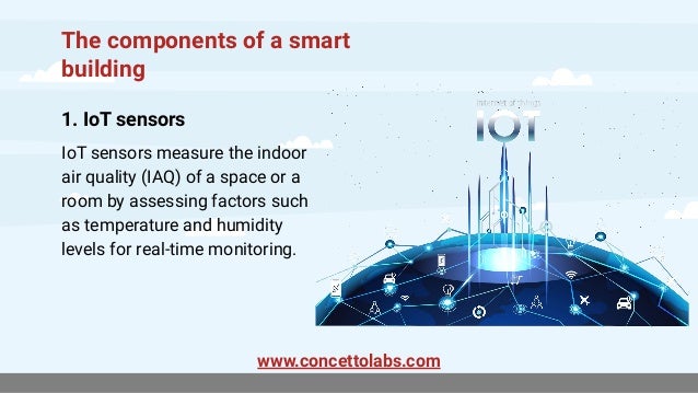 The components of a smart
building
1. IoT sensors
IoT sensors measure the indoor
air quality (IAQ) of a space or a
room by assessing factors such
as temperature and humidity
levels for real-time monitoring.
www.concettolabs.com
 