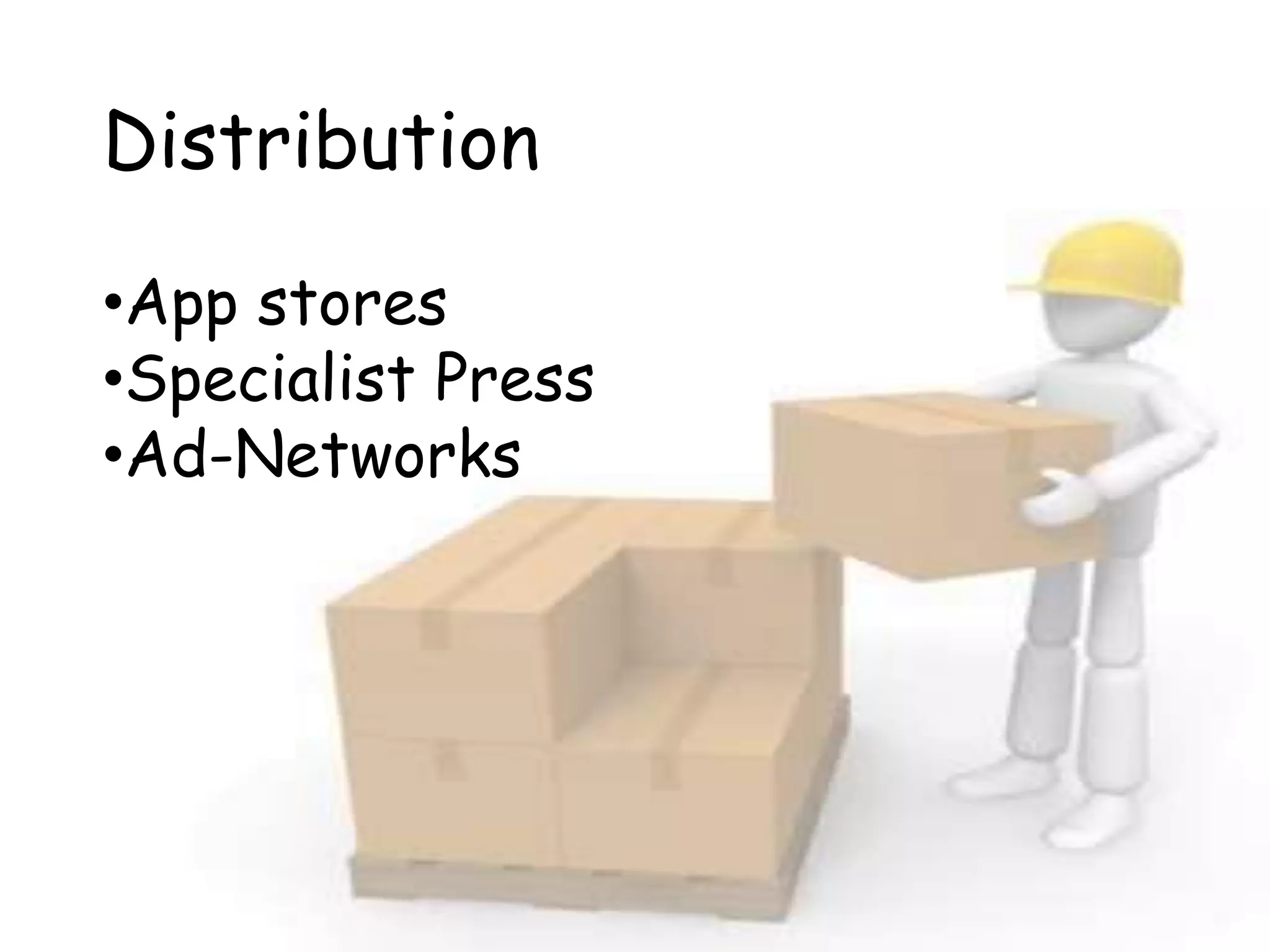 Distribution
•App stores
•Specialist Press
•Ad-Networks
 