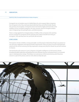 11   IMMIGRATION


     Quick Fact: 49% of surveyed local businesses employ immigrants.




     Immigrants are an excellent source of skilled labour for any company. Many companies
     hire immigrants when they need specialized skills that they cannot find locally. Despite
     the common misconception, immigrants tend to be hired for highly technical roles in the
     workforce. Of our surveyed companies, the most common roles for immigrant workers
     were in Engineering, Accounting/Finance, and Administration.

     There is a large appetite for immigrant labour in Halifax, of the companies who said they
     do not currently hire immigrants, 66.2% said they were ready to benefit from hiring an
     immigrant, 7.8% said they were not, and 26.0% did not know.

     CONCLUSIONS

     The business climate in Halifax is strong and stable. Local businesses had positive things to say about our
     city and many suggestions and input for further improvement. There are areas of concern that they have
     raised with the current economy, but they expressed a strong sense that the climate has and will continue
     to improve.

     The Partnership will continue to assist companies and gather intelligence on the business climate.
     Providing thought leadership and guiding discussion between business and government is an essential
     step in creating positive change. Providing an accurate picture of the local economy and of business
     concerns is part of the process, and we invite others to help take part.
 