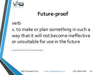 Future-proof
verb
1. to make or plan something in such a
way that it will not become ineffective
or unsuitable for use in the future
Longman Dictionary of Contemporary English
©2015 SmartC2 Inc. www.virtualairboss.com (701) 864-2166 S-1
 