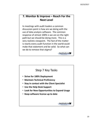 10/23/2017
19
7. Monitor & Improve – Reach For the
Next Level
In meetings with audit leaders a common
discussion point is how are we doing with the
use of data analysis software. The common
response of almost 100% is we are on the right
path but we should be doing more. This is a
very realistic viewpoint. The fact of the matter
is nearly every audit function in the world could
make that statement and be valid. So what can
we do to remove that stigma?
Step 7 Key Tasks
• Strive for 100% Deployment
• Maintain Technical Proficiency
• Stay in contact with the Client Specialist
• Use the Help Desk Support
• Look for New Opportunities to Expand Usage
• Keep software license up to date
 