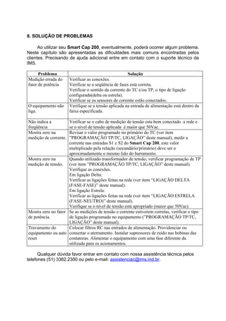 8. SOLUÇÃO DE PROBLEMAS
Ao utilizar seu Smart Cap 200, eventualmente, poderá ocorrer algum problema.
Neste capítulo são apresentadas as dificuldades mais comuns encontradas pelos
clientes. Precisando de ajuda adicional entre em contato com o suporte técnico da
IMS.
Problema Solução
Medição errada do
fator de potência
Verificar as conexões.
Verificar se a seqüência de fases está correta.
Verificar o sentido da corrente do TC e/ou TP, o tipo de ligação
configurada(delta ou estrela).
Verificar se os sensores de corrente estão conectados.
O equipamento não
liga.
Verifique se a tensão aplicada na entrada de alimentação está dentro da
faixa especificada.
Não indica a
freqüência
Verificar se o cabo de medição de tensão esta bem conectado a rede e
se o nível de tensão aplicada é maior que 50Vac.
Mostra zero na
medição de corrente.
Revisar o valor programado no primário do TC (ver item
”PROGRAMAÇÃO TP/TC, LIGAÇÃO” deste manual), medir a
corrente nas entradas S1 e S2 do Smart Cap 200, este valor
multiplicado pela relação (secundário/primário) deve ser o
aproximadamente o mesmo lido do barramento.
Mostra zero na
medição de tensão.
Quando utilizado transformador de tensão, verificar programação de TP
(ver item ”PROGRAMAÇÃO TP/TC, LIGAÇÃO” deste manual).
Verifique as conexões.
Em ligação Delta:
Verificar as ligações feitas na rede (ver item “LIGAÇÃO DELTA
(FASE-FASE)” deste manual).
Em ligação Estrela:
Verificar as ligações feitas na rede (ver item “LIGAÇÃO ESTRELA
(FASE-NEUTRO)” deste manual).
Verifique se o nível de tensão está apropriado (maior que 50Vac).
Mostra zero no fator
de potência.
Se as medições de tensão e corrente estiverem corretas, verificar o tipo
de ligação programada no equipamento (”PROGRAMAÇÃO TP/TC,
LIGAÇÃO” deste manual).
Travamento do
equipamento ou auto
reset
Colocar filtros RC nas entrados de alimentação. Providenciar ou
consertar o aterramento. Instalar supressores de ruído nas bobinas das
contatoras. Alimentar o equipamento com uma fase diferente da
utilizada para os acionamentos.
Qualquer dúvida favor entrar em contato com nossa assistência técnica pelos
telefones (51) 3382.2300 ou pelo e-mail: assistenciac@ims.ind.br.
 