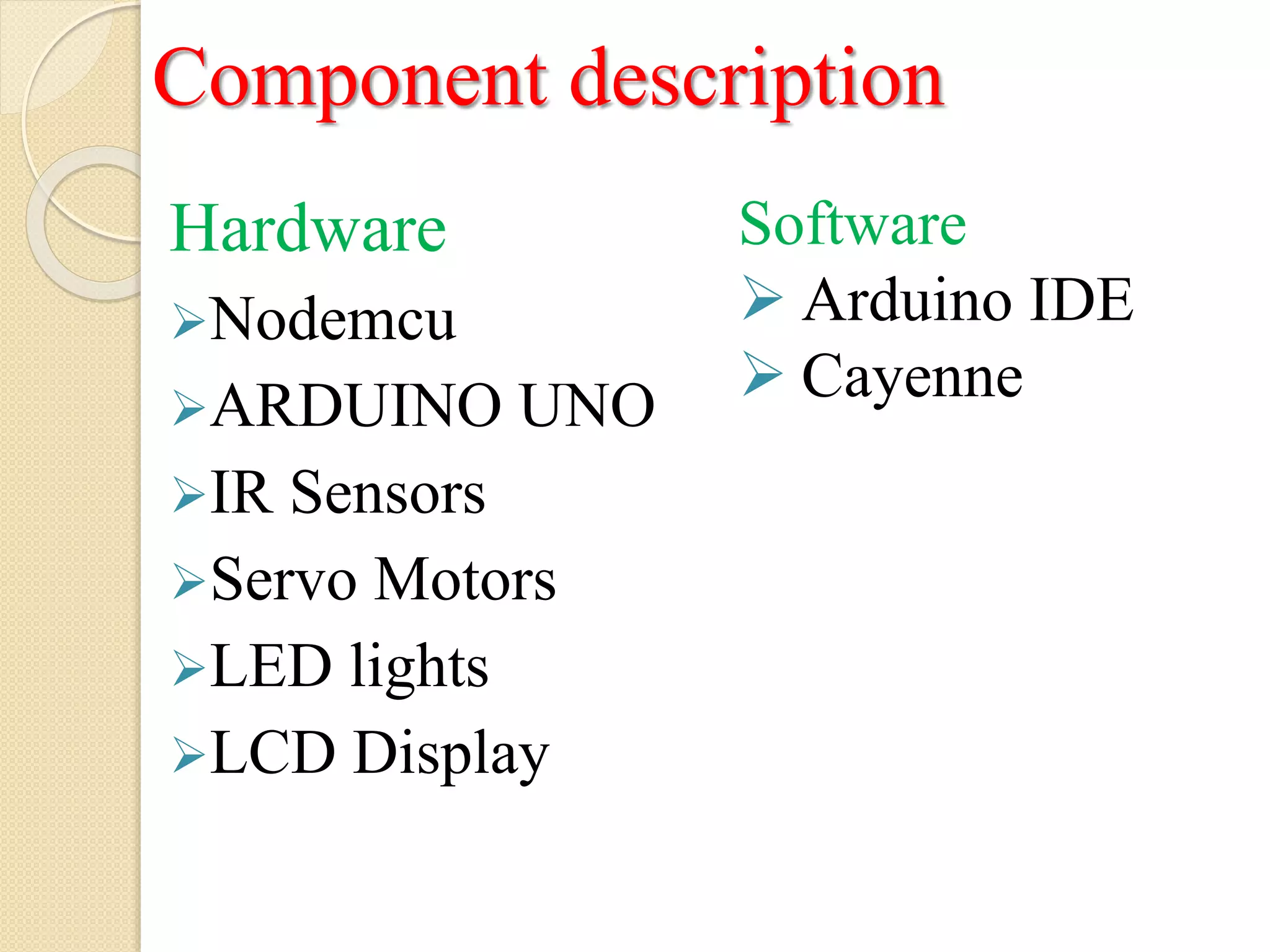 Hardware
Nodemcu
ARDUINO UNO
IR Sensors
Servo Motors
LED lights
LCD Display
Software
 Arduino IDE
 Cayenne
Component description
 