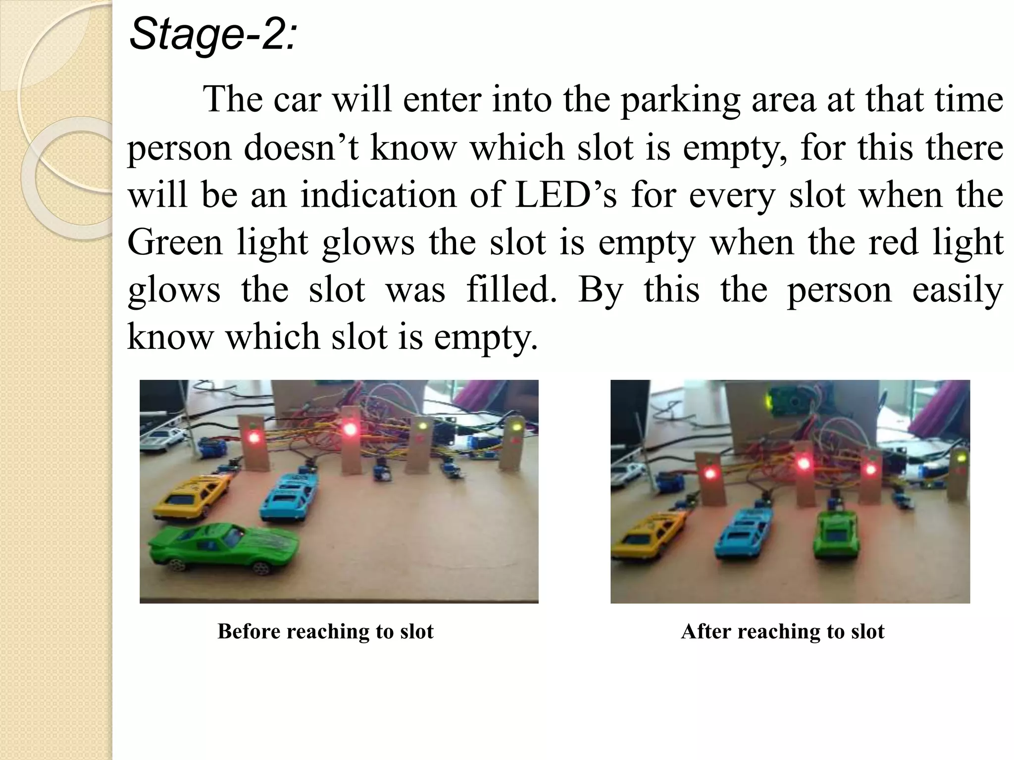 Stage-2:
The car will enter into the parking area at that time
person doesn’t know which slot is empty, for this there
will be an indication of LED’s for every slot when the
Green light glows the slot is empty when the red light
glows the slot was filled. By this the person easily
know which slot is empty.
Before reaching to slot After reaching to slot
 