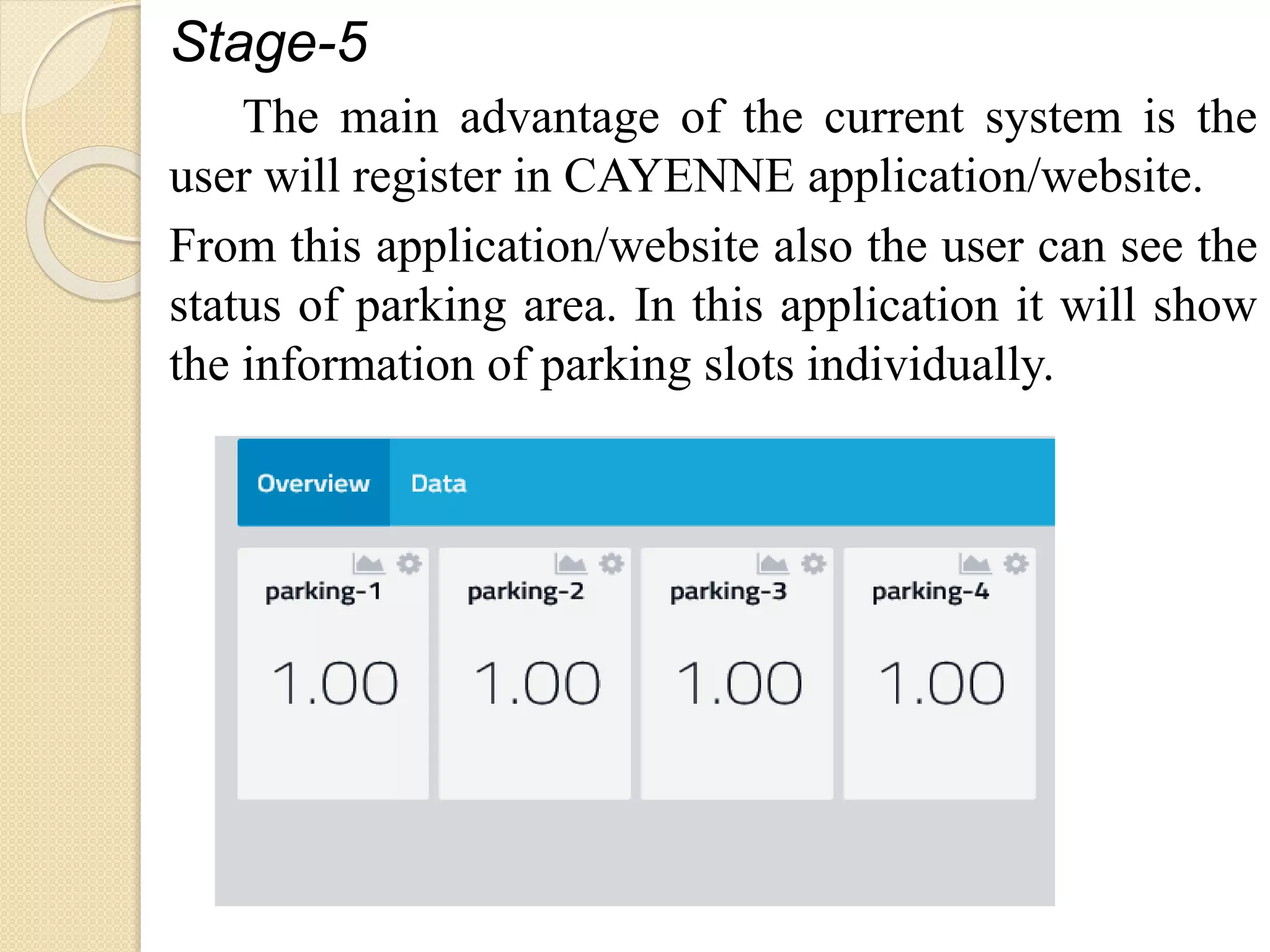 Stage-5
The main advantage of the current system is the
user will register in CAYENNE application/website.
From this application/website also the user can see the
status of parking area. In this application it will show
the information of parking slots individually.
 