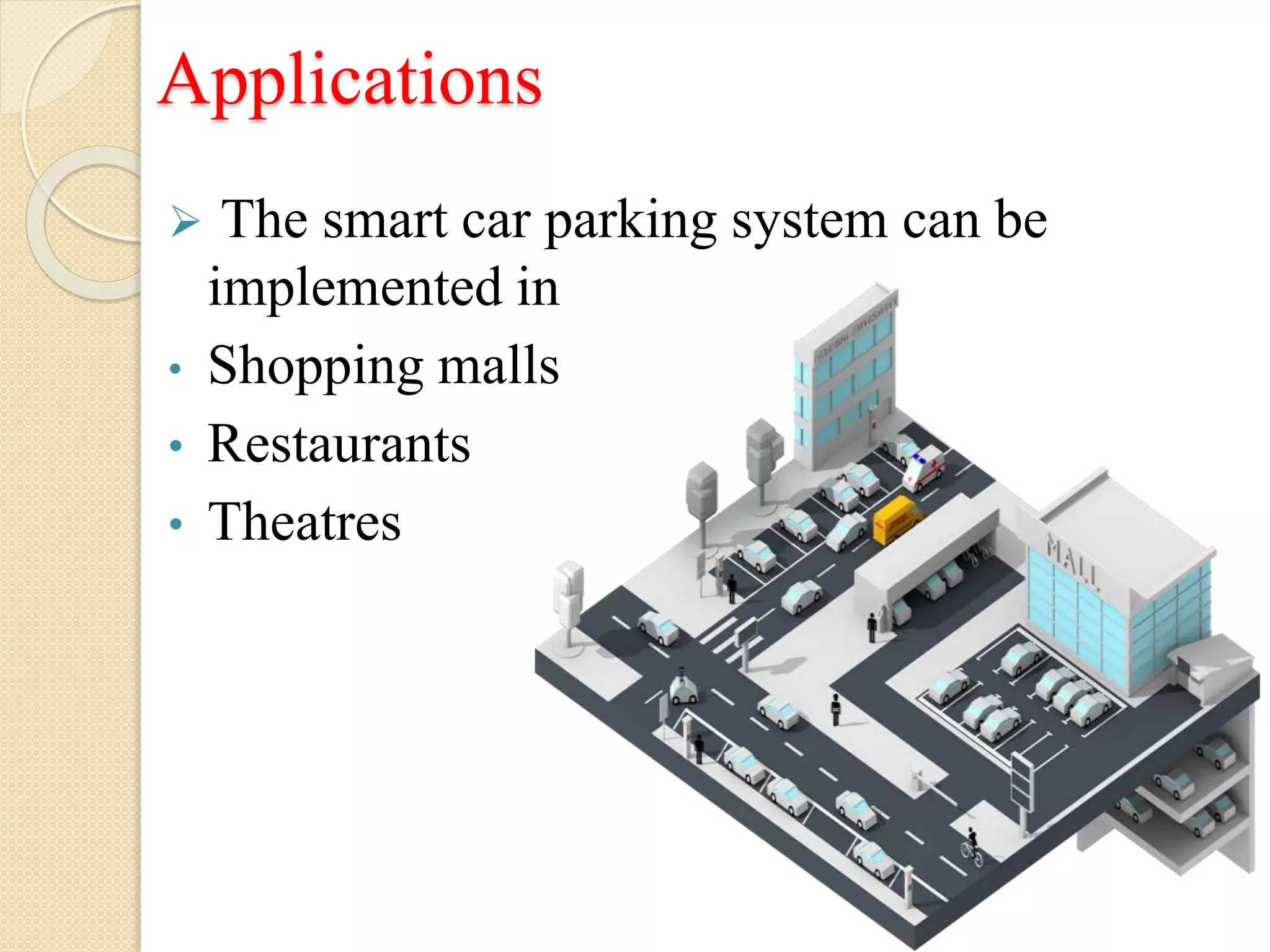 Applications
 The smart car parking system can be
implemented in
• Shopping malls
• Restaurants
• Theatres
 