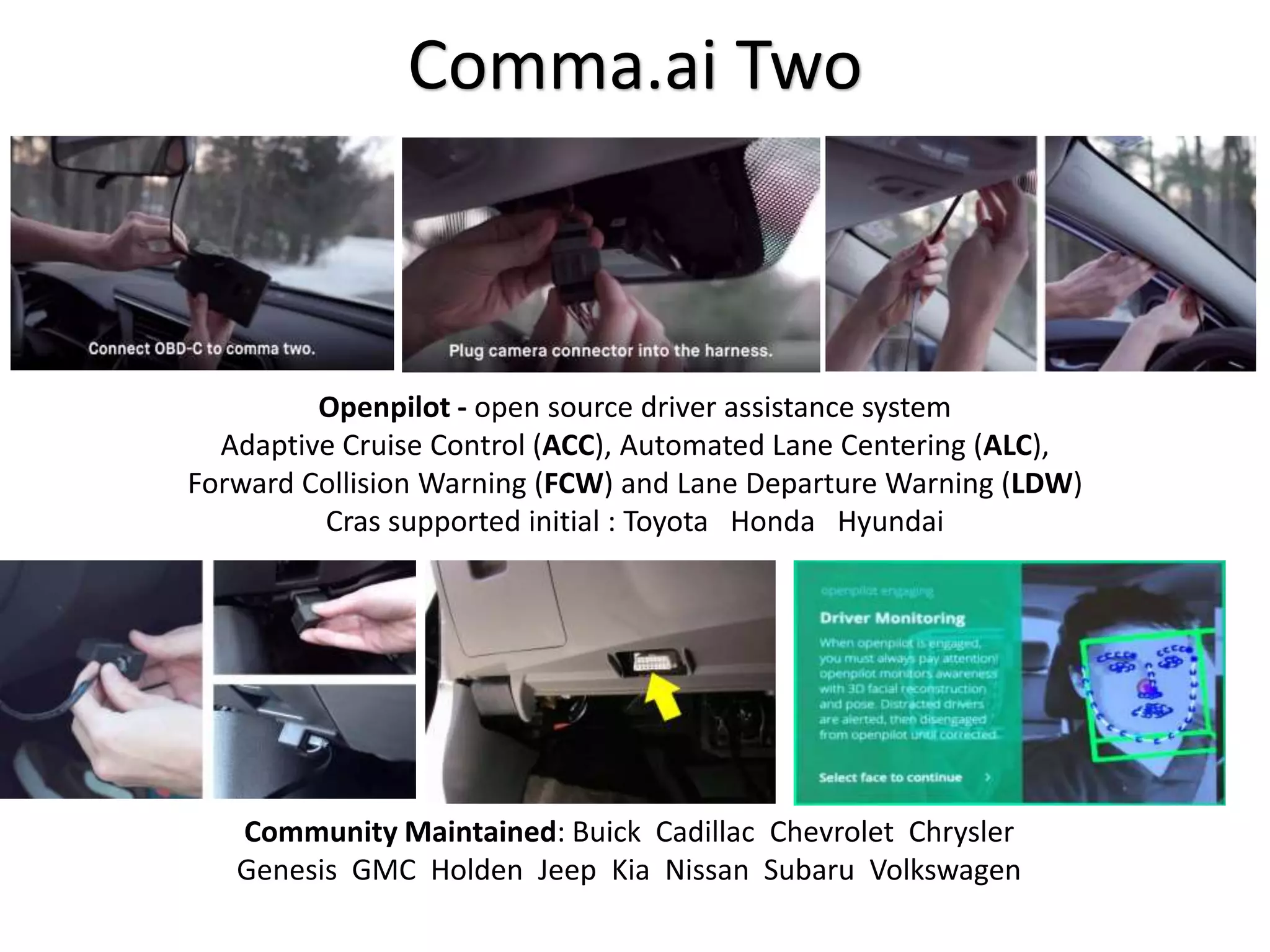 Comma.ai Two
Community Maintained: Buick Cadillac Chevrolet Chrysler
Genesis GMC Holden Jeep Kia Nissan Subaru Volkswagen
Openpilot - open source driver assistance system
Adaptive Cruise Control (ACC), Automated Lane Centering (ALC),
Forward Collision Warning (FCW) and Lane Departure Warning (LDW)
Cras supported initial : Toyota Honda Hyundai
 