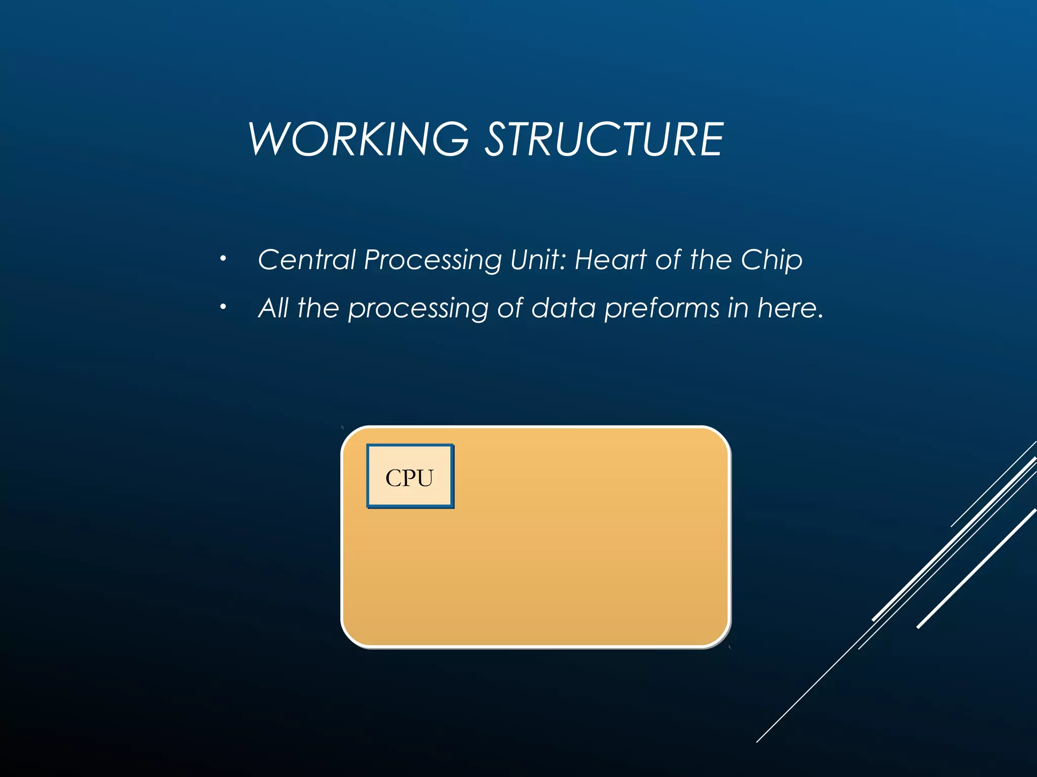 WORKING STRUCTURE
• Central Processing Unit: Heart of the Chip
• All the processing of data preforms in here.
CPUCPU
 