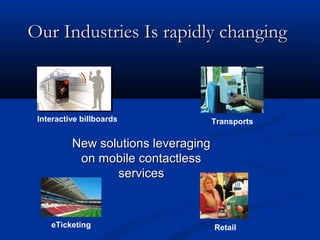 Our Industries Is rapidly changing
Our Industries Is rapidly changing
eTicketing
Interactive billboards Transports
Retail
New solutions leveraging
New solutions leveraging
on mobile contactless
on mobile contactless
services
services
 