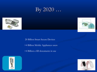 By 2020 …
By 2020 …
20 Billion Smart Secure Devices
>4 Billion Mobile Appliances users
>4 Billion e-ID documents in use
 