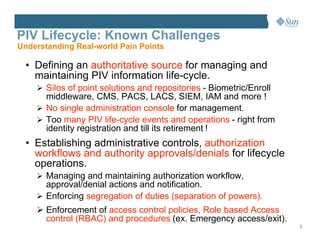 PIV Lifecycle: Known Challenges
Understanding Real-world Pain Points

  • Defining an authoritative source for managing and
    maintaining PIV information life-cycle.
     Silos of point solutions and repositories - Biometric/Enroll
      middleware, CMS, PACS, LACS, SIEM, IAM and more !
     No single administration console for management.
     Too many PIV life-cycle events and operations - right from
      identity registration and till its retirement !
  • Establishing administrative controls, authorization
    workflows and authority approvals/denials for lifecycle
    operations.
     Managing and maintaining authorization workflow,
      approval/denial actions and notification.
     Enforcing segregation of duties (separation of powers).
     Enforcement of access control policies, Role based Access
      control (RBAC) and procedures (ex. Emergency access/exit).
                                                                     9
 
