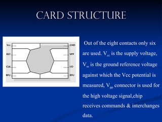 CARD STRUCTURE Out of the eight contacts only six are used. V cc  is the supply voltage, V ss  is the ground reference voltage against which the Vcc potential is measured, V pp  connector is used for the high voltage signal,chip receives commands & interchanges data. 