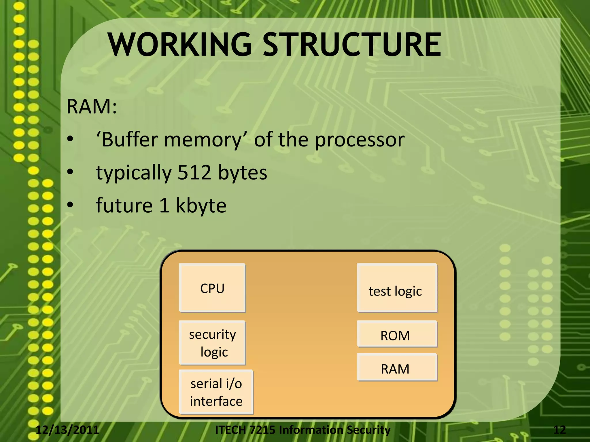 WORKING STRUCTURE
    RAM:
    • ‘Buffer memory’ of the processor
    • typically 512 bytes
    • future 1 kbyte


                  CPU                           test logic

                 security                         ROM
                   logic
                                                  RAM
                 serial i/o
                 interface
12/13/2011           ITECH 7215 Information Security         12
 