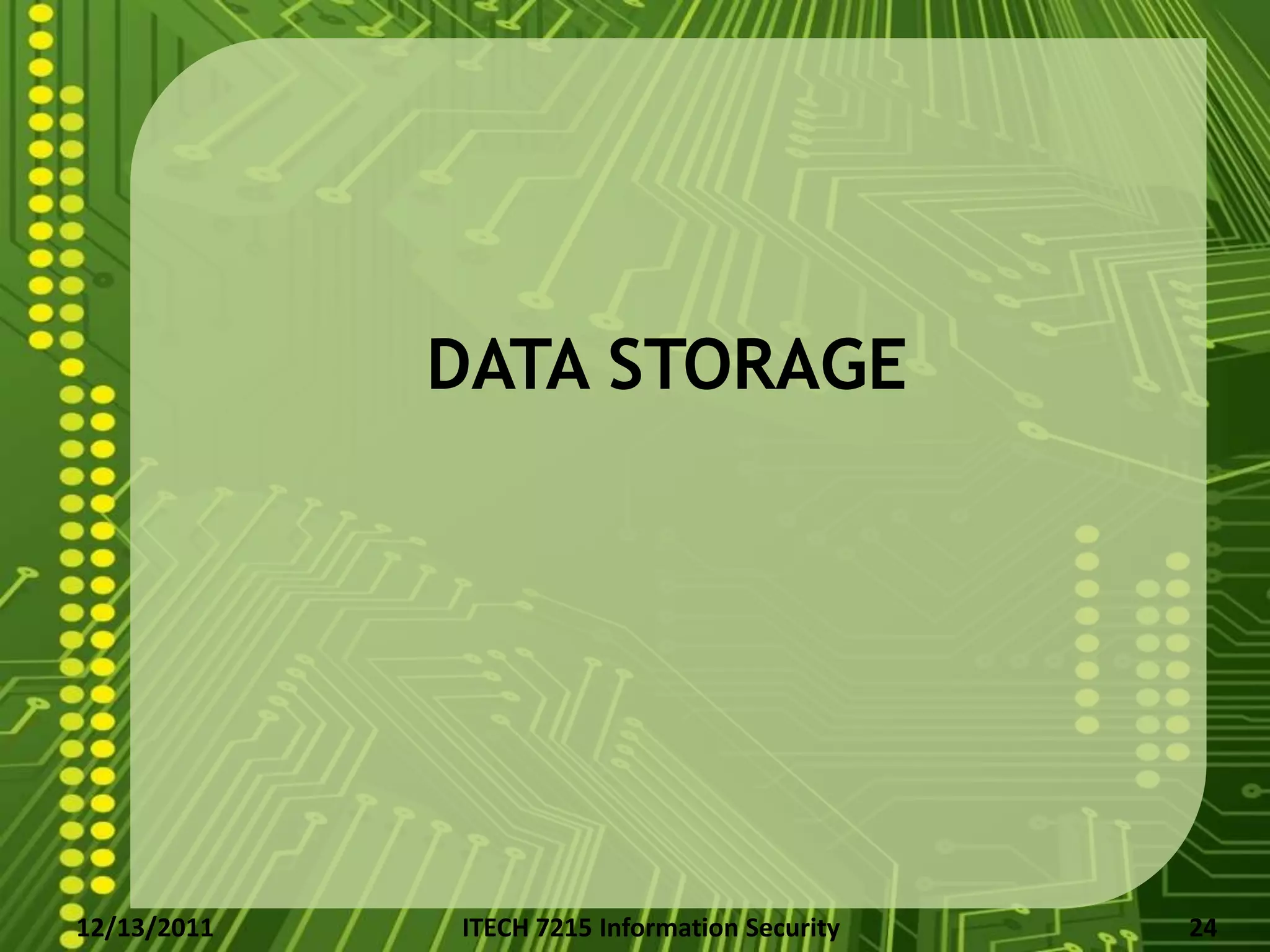 DATA STORAGE




12/13/2011   ITECH 7215 Information Security   24
 