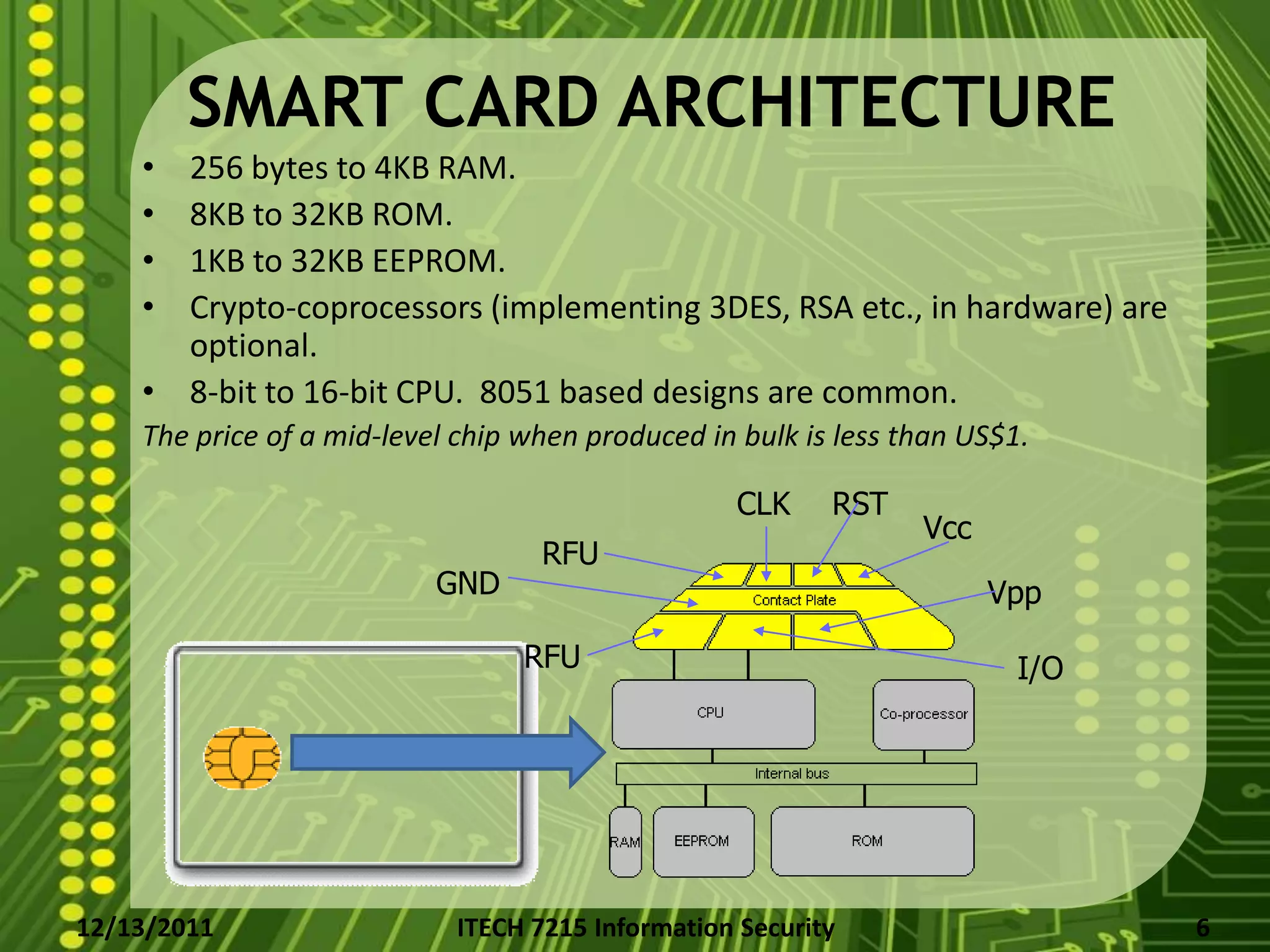 SMART CARD ARCHITECTURE
    • 256 bytes to 4KB RAM.
    • 8KB to 32KB ROM.
    • 1KB to 32KB EEPROM.
    • Crypto-coprocessors (implementing 3DES, RSA etc., in hardware) are
      optional.
    • 8-bit to 16-bit CPU. 8051 based designs are common.
    The price of a mid-level chip when produced in bulk is less than US$1.

                                                  CLK     RST
                                                                 Vcc
                                   RFU
                           GND                                         Vpp

                                  RFU                                    I/O




12/13/2011                  ITECH 7215 Information Security                    6
 