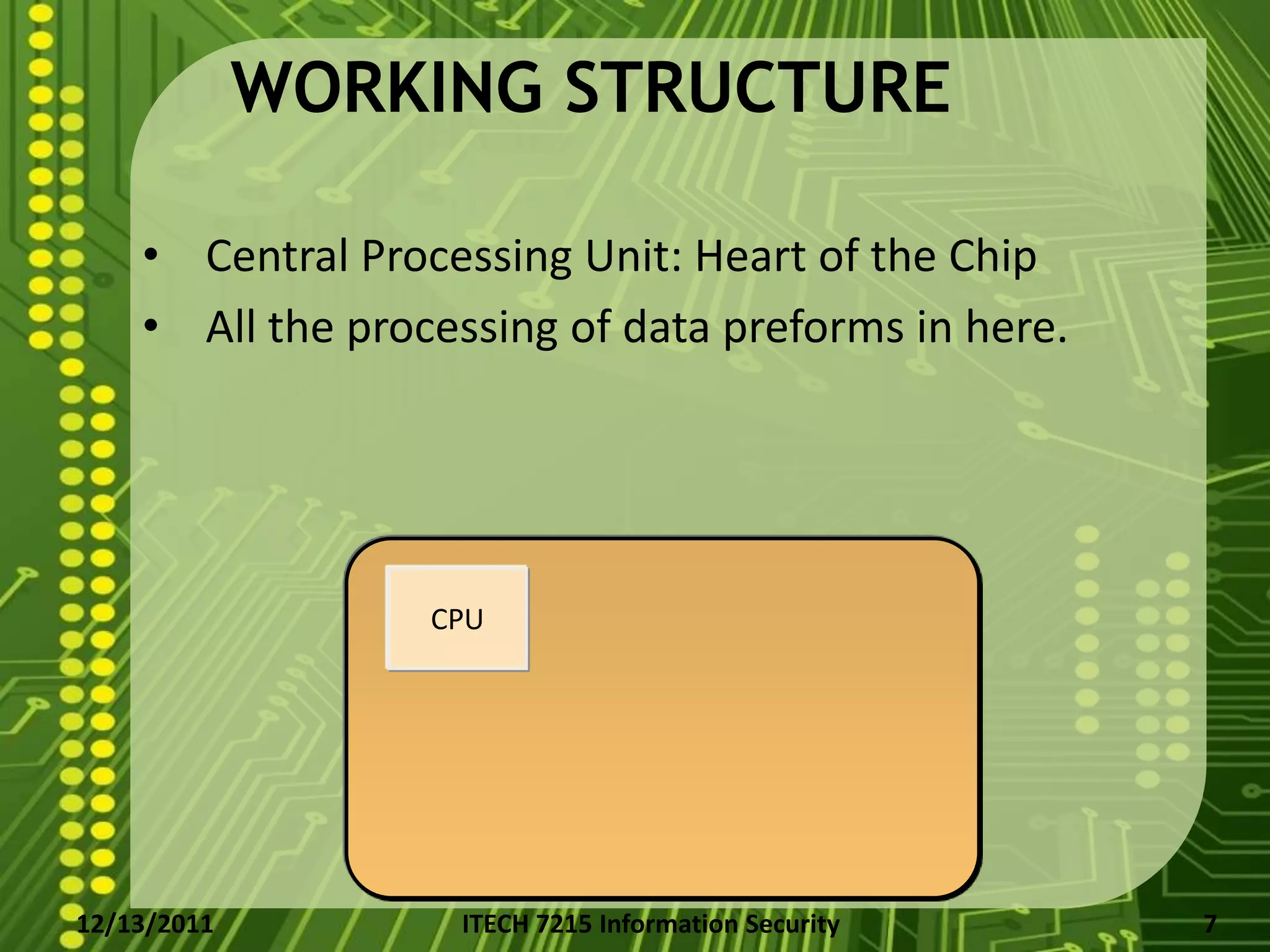 WORKING STRUCTURE

    • Central Processing Unit: Heart of the Chip
    • All the processing of data preforms in here.




                  CPU




12/13/2011         ITECH 7215 Information Security   7
 